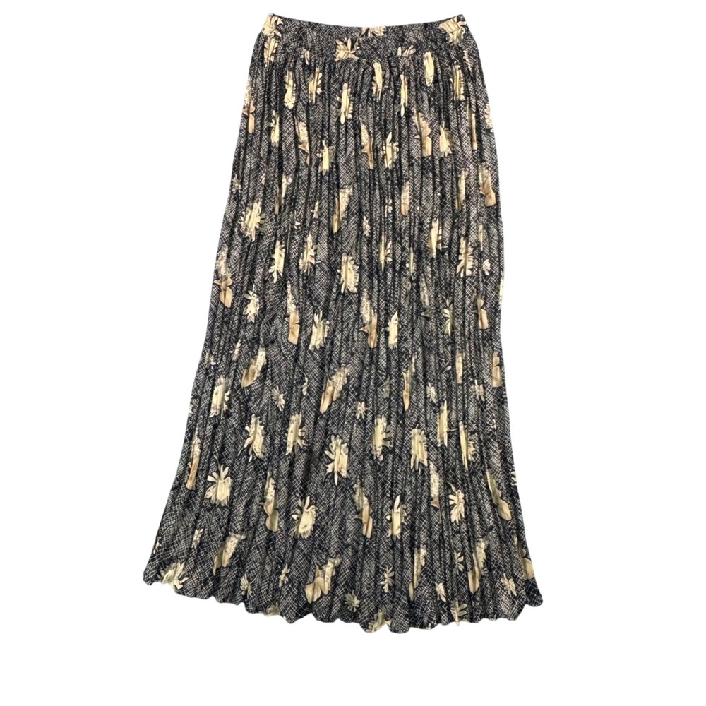 VTG Bentley‎ Arbuckle Womens 12 Pleated Maxi Skirt Black Tan Floral Boho Cottage